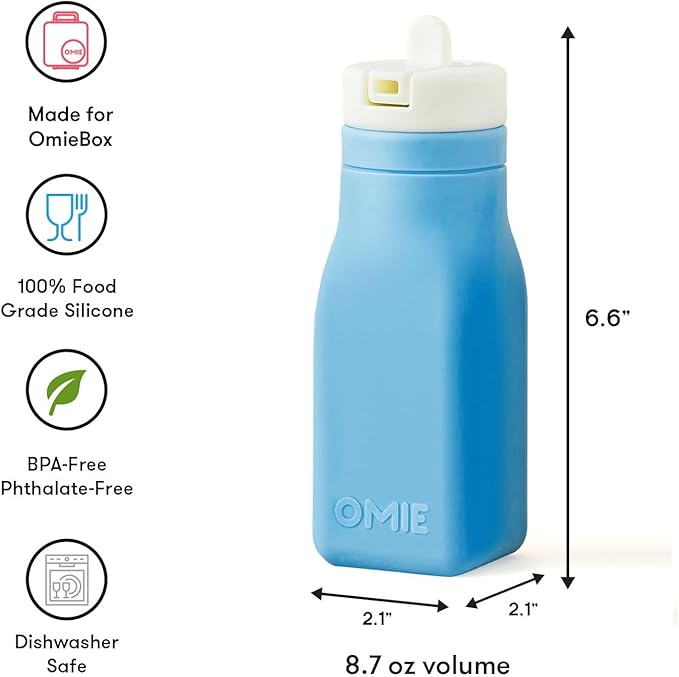 Omie OmieBox Reusable Silicone Water Bottle - 8.7 oz, Straw Top, BPA-Free & Phthalate-Free, Leak-Proof (Blue)