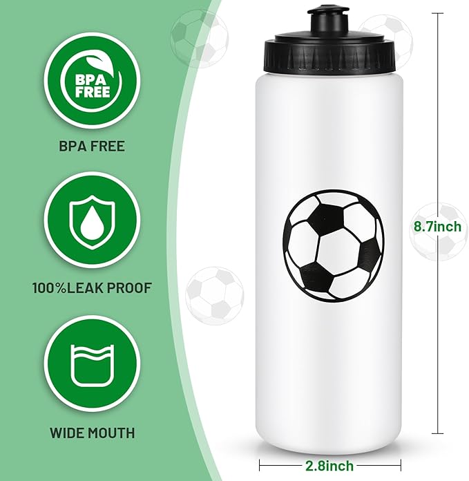 12 Pack Bulk Soccer Sports Water Bottle with 12 Pack Sticker Gift Set, Squeeze BPA-Free Reusable Water Bottles for Soccer Team Party Favors Gift(20OZ)