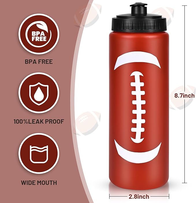 12 Pack Bulk Football Sports Water Bottle with 12 Pack Sticker Gift Set, Squeeze BPA-Free Reusable Water Bottles for Football Team Party Favors Gift(20OZ)