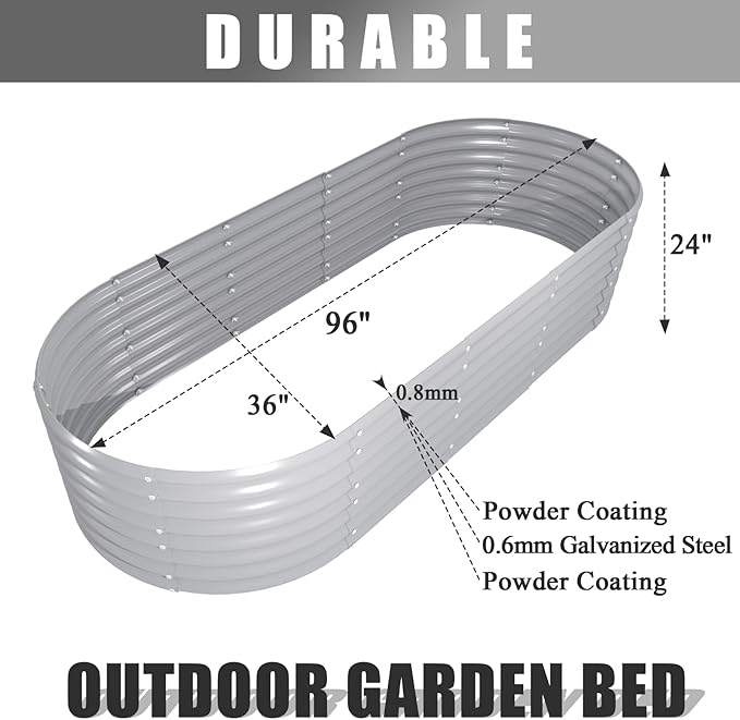 1 Pack 8x3x2FT Galvanized Raised Garden Bed Kit Oval Metal Ground Planter Box Outdoor Bottomless Planter Raised Beds for Vegetables Flowers Herbs Fruits, Gray