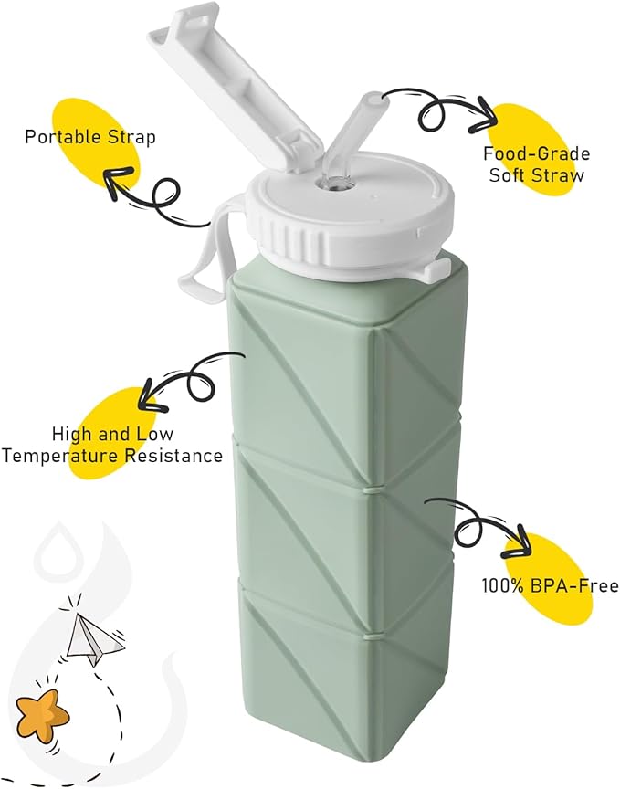 Opard Collapsible Water Bottles 21 Oz - BPA Free, Leak Proof, Foldable Silicone Collapse Water Bottle with Straw, Easy to Compact and Expandable, Travel Essentials Accessories
