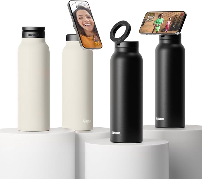 Ringo Insulated Water Bottle - Compatible MagSafe Water Bottle w/Phone Holder - Stainless Steel School Water Bottle w/Magnetic Phone Mount for Kids & Adult-Hot 12H, Cold 24H 360° Rotate - Ivory 24oz