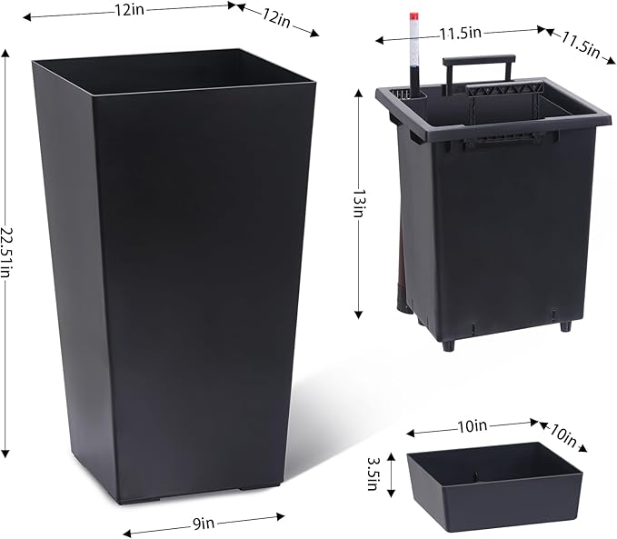 22.5" Tall Planters Set of 2, Outdoor&Indoor Black Planter Pots, High Front Porch Planter Pots with Drainage Holes&Water Level Monitor&Inner Bucket, Automatic Watering, Black