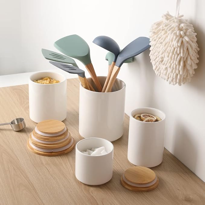Sweejar Ceramic Kitchen Canister Sets, Porcelain Container for Countertop, Heavy Food Storage Jars with Airthight Seal Bamboo Lid, Servering for Sugar, Coffee Beans, Tea Leaves, Pack of 4(White)