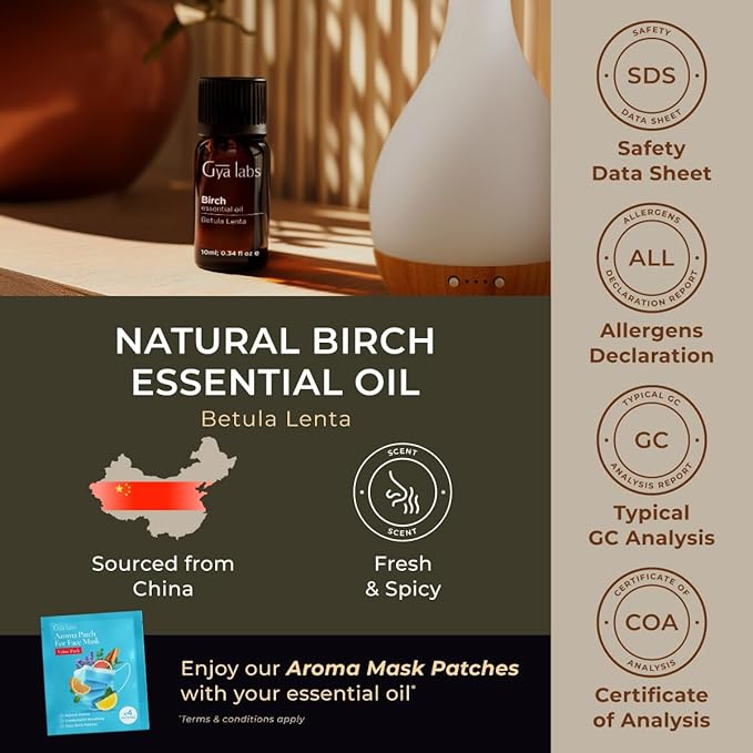 Gya Labs Birch Essential Oil for Diffuser - 0.34 Fl Oz - 100% Pure Natural Birch Oil for Skin, Massage, Perfumes&Candle Making Scent
