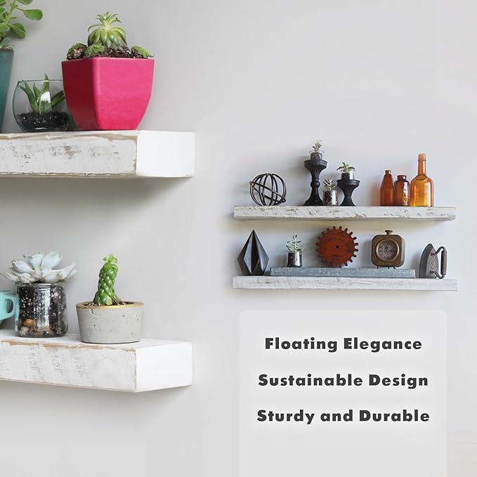 Urban Legacy Reclaimed Barnwood Planks | Floating Shelves for Wall w/Flush Mount Shelf Bracket Set Included | Set of 2 (White Wash, 40"x7"x 2")