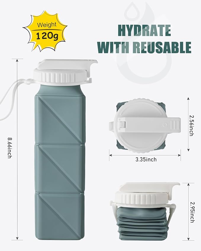 Opard Collapsible Water Bottles 21 Oz - BPA Free, Leak Proof, Foldable Silicone Collapse Water Bottle with Straw, Easy to Compact and Expandable, Travel Essentials Accessories (Blue + Pink)
