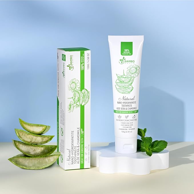 Natural Fluoride Free Toothpaste - Nano Hydroxyapatite, Remineralizing, Sensitive Teeth, Whitening & Zero Waste Tube - Dentist Recommended for Adult & Kids Oral Aloe Vera & Chamomile (4 Pack, Aloe)