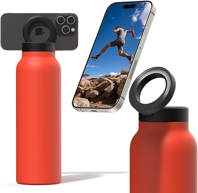Ringo Insulated Water Bottle - Compatible MagSafe Water Bottle w/Phone Holder -Stainless Steel School Water Bottle w/Magnetic Phone Mount for Kids & Adult-Hot 12H, Cold 24H 360° Rotate - Orange 32oz