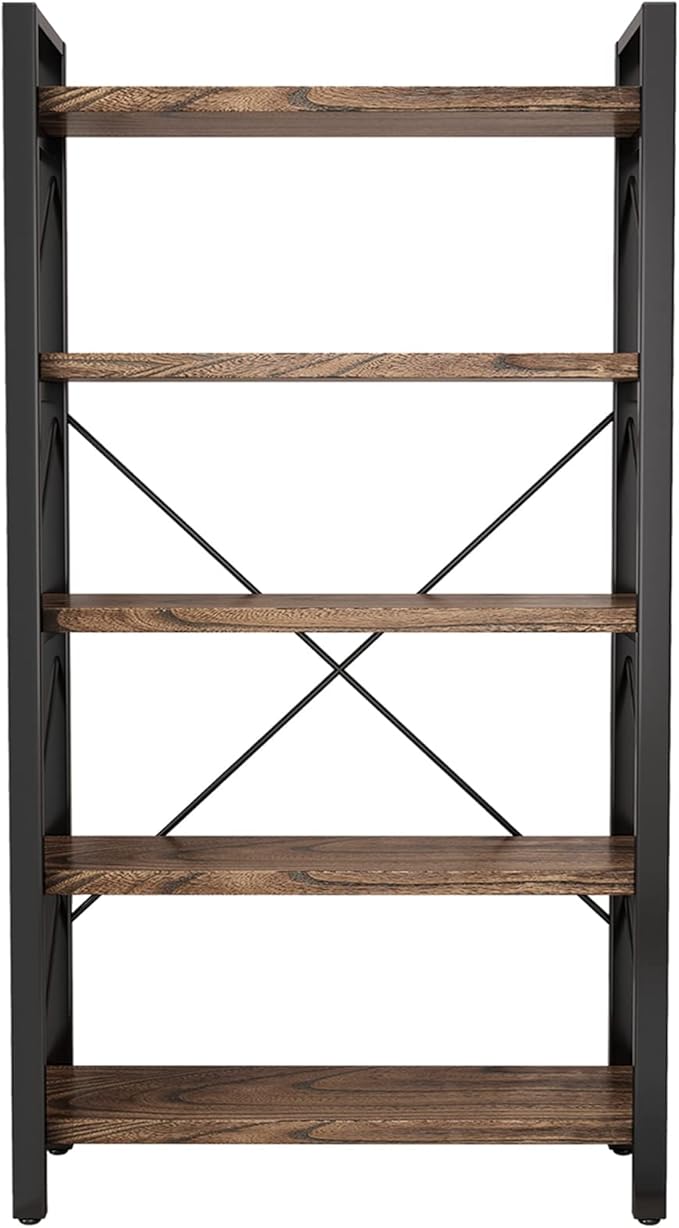 5 Tier Bookshelf Rustic Solid Wood Industrial Style Bookcase,Metal and Real Wood Vintage Bookshelf,Book Shelves Home Office, Retro Brown,Dark Matching credenza(LZ01-05tier) (5Tiers)