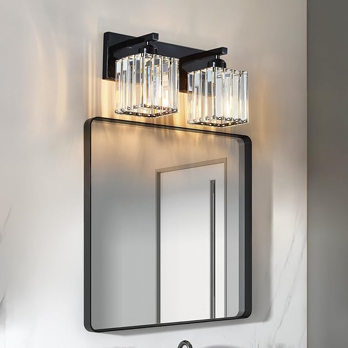 Modern Bathroom Vanity Light 2-Lights Plating Black Crystal Bathroom Wall Light Vanity Light Fixtures