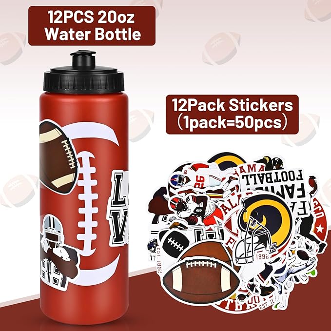12 Pack Bulk Football Sports Water Bottle with 12 Pack Sticker Gift Set, Squeeze BPA-Free Reusable Water Bottles for Football Team Party Favors Gift(20OZ)