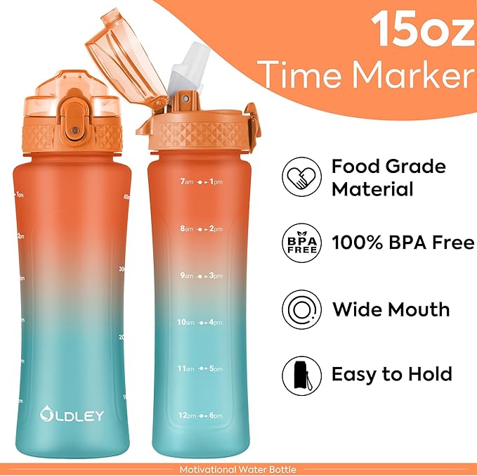OLDLEY Kids Water Bottle with Straw 15 oz Motivational Water Bottles with Time Marker for School Travel, Spill Proof Sports Water Bottle for Girls Boys,1 Straw Lid,Orange/Green