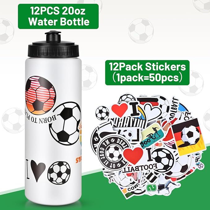 12 Pack Bulk Soccer Sports Water Bottle with 12 Pack Sticker Gift Set, Squeeze BPA-Free Reusable Water Bottles for Soccer Team Party Favors Gift(20OZ)