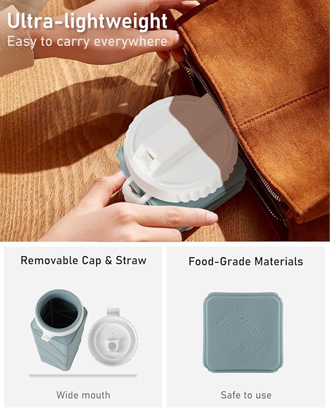 Opard Collapsible Water Bottles 21 Oz - BPA Free, Leak Proof, Foldable Silicone Collapse Water Bottle with Straw, Easy to Compact and Expandable, Travel Essentials Accessories (Blue + Pink)