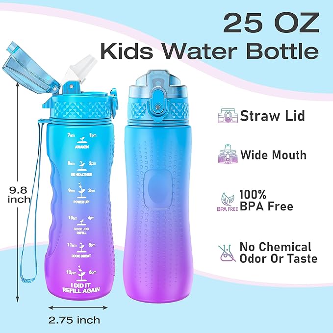 OLDLEY Kids Water Bottle for School, 25 oz (Straw Lid) BPA-Free Reusable Leak-proof Durable Tritan Plastic Water Bottles with One-handed Opening Straw Lids, Anti-dust Spout Cover (Lake)