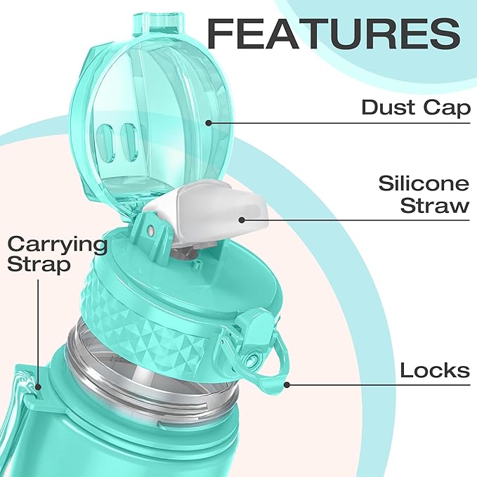 OLDLEY Kids Water Bottle for School, 25 oz (Straw Lid) BPA-Free Reusable Leak-proof Durable Tritan Plastic Water Bottles with One-handed Opening Straw Lids, Anti-dust Spout Cover (Mint Green)