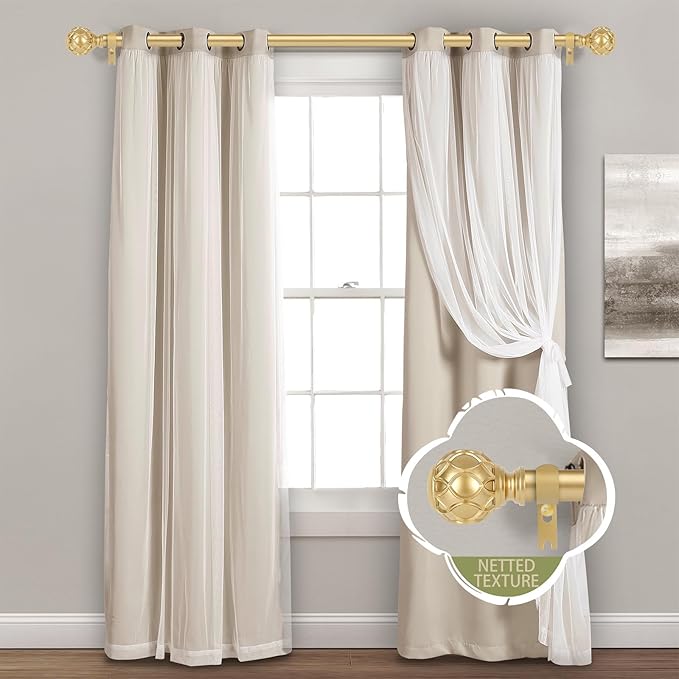 Gold Adjustable Curtain Rods for Windows:Farmhouse Heavy Duty Curtain Rod for Bedroom Living Room,Boho Decorative Rustic Drapery Rod with Vintage Coastal Finials,Brass Gold 2 Pack 66-120"