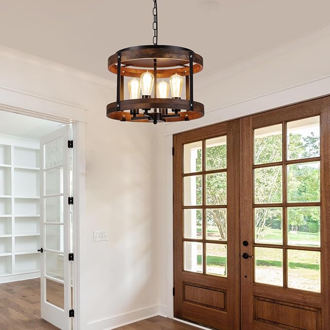 4-Light Large Rustic Farmhouse Plug in Pendant Light Fixture with Adjustable Chain, Dimmable Switch, 16.5 inch Oak Wood Drum Hanging Lamp for Dining Room Living Room Farmhouse Entry, Black