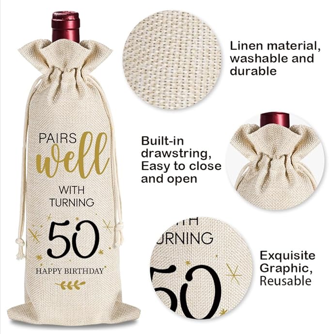 50th Birthday Gifts for Women Men, 50 Years Old Birthday Wine Bag Gifts, 50th Birthday Decorations, 1974 Birthday Gift, Happy 50th Birthday Party Wine Bag Gifts, Pairs Well With Turning 50