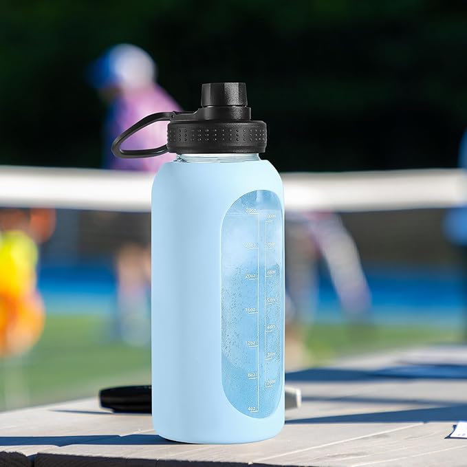 32 oz Glass Water Bottle with Straw and Handle, Sports Motivational Water Flask with Silicone Sleeve, Large Leakproof Water Flask Cup with Time Marker for Travel, Gym, Cream