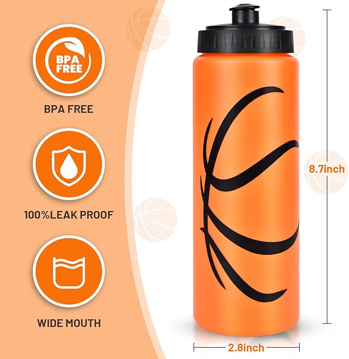 12 Pack Bulk Basketball Sports Water Bottle with 12 Pack Sticker Gift Set, Squeeze BPA-Free Reusable Water Bottles for Basketball Team Party Favors Gift(20OZ)