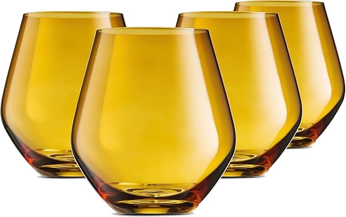 Godinger Wine Glasses, Stemless Wine Glasses, Red Wine Glasses, Drinking Glasses, European Made Stemless Wine Glass - Amber, 17oz, Set of 4