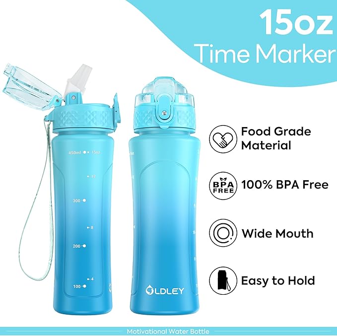 OLDLEY Kids Water Bottle with Straw 15 oz BPA-Free Leak-Proof Motivational Water Bottles with Time Marker for School Sports Travel Gym, Easy to Use for Girls Goys, 1 Straw Lid, Green Blue