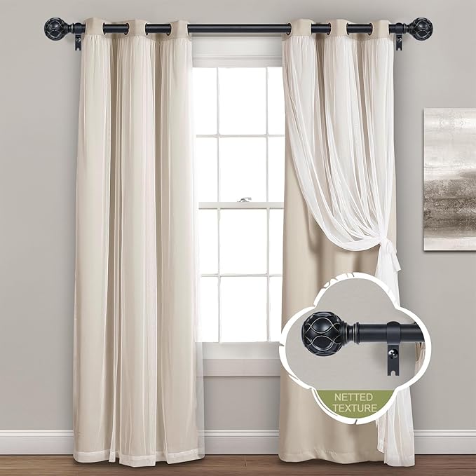 Black Adjustable Curtain Rods for Windows:36-88" Farmhouse Heavy Duty Curtain Rod for Bedroom Living Room,Boho Decorative Rustic Drapery Rods with Vintage Coastal Texture Finial,Matte Black