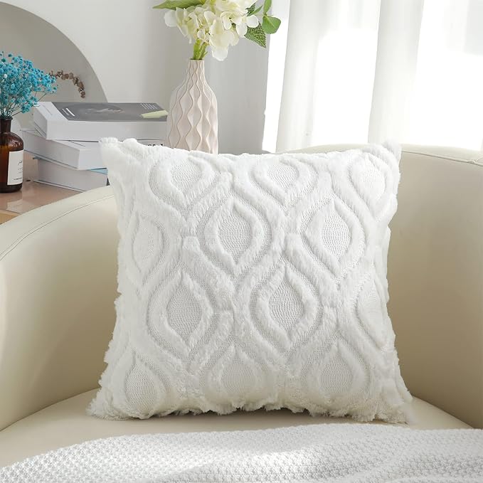 decorUhome Throw Pillow Covers 16x16 Inch Set of 2, Soft Plush Decorative Faux Fur Cream Beige Solid Couch Pillow Covers, Accent Farmhouse Neutral Square Euro Pillow Cases for Sofa Bed Living Room