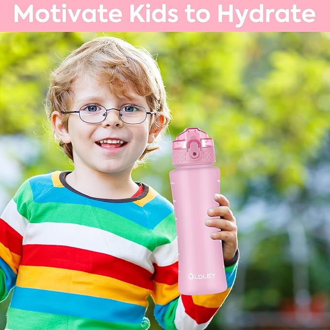 OLDLEY Water Bottle with Straw & Chug Lid for Kids Girls Child, 15 oz Leak-Proof BPA-Free Motivational Water Bottles with Time Marker for School Travel Sports Gym, 2 Lids, Candy Pink