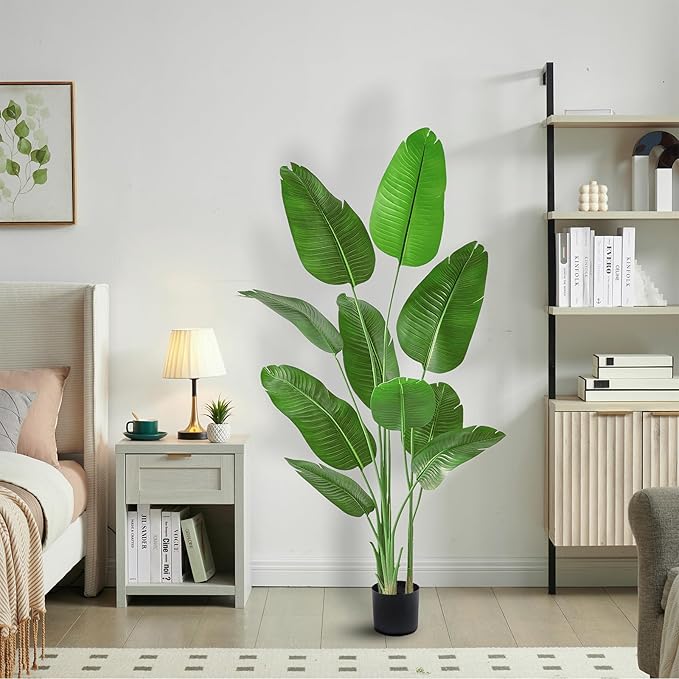 Fake Bird of Paradise Silk Artificial Plant Faux Banana Leaf Tree for Home Decor Indoor Floor Plant with 10 Trunks (1, Black Planter, 6 FT)