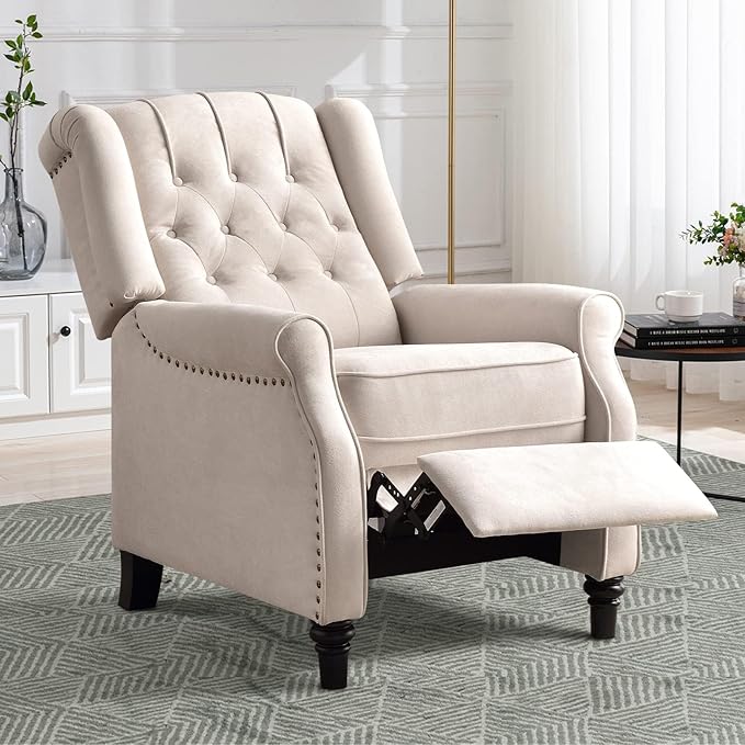CANMOV Push Back Recliner Chair Set of 2, Elizabeth Fabric Recliner with Tufted Back Home Theater Seating w/Padded Seat and Nailhead Trim, Wooden Legs, Adjustable Single Sofa,White