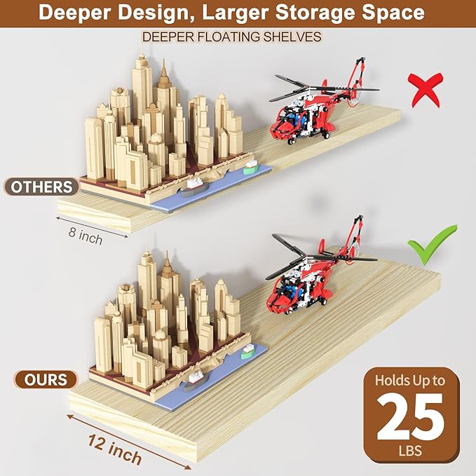 12 Inch Deep Floating Shelves for Wall 2 Pack Floating Shelves Large Storage Space Wall Mount Shelf for Living Room Kitchen Bathroom 24" W x 12" D x 1.2" H Oak