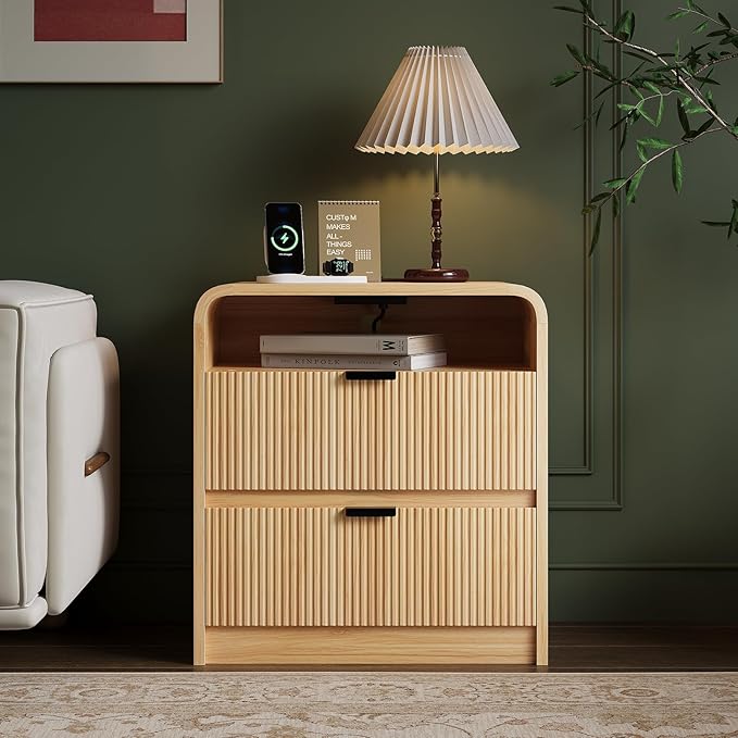 FURSUN 24" Fluted Nightstand Set of 2 with Charging Station, Wooden End Table with 2 Drawers Storage, Curved Profile Design, Modern Bedside Cabinet for Bedroom Living Room, Natural Oak