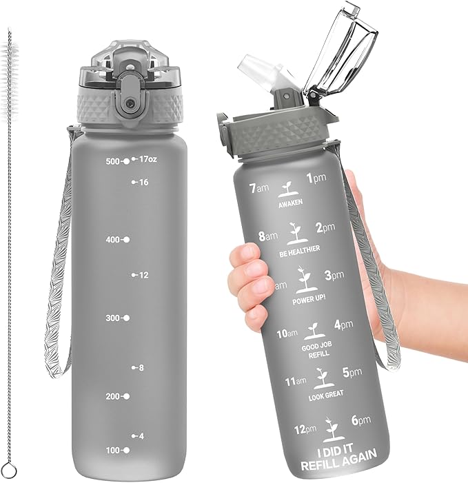 OLDLEY Kids Water Bottle for School, 17 oz (Straw Lid) BPA-Free Reusable Leak-proof Durable Tritan Plastic Water Bottles with One-handed Opening Straw Lids, Anti-dust Spout Cover (Grey)