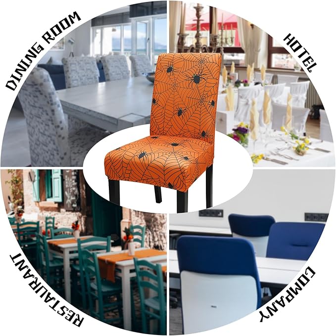 JQinHome Halloween Orange Dining Chair Slipcover, Spider Web Chair Covers Set of 4 ,High Stretch Washable Chair Protector Cover for Dining Room, Kitchen,Home Party,Wedding Ceremony(Orange, 4PC)