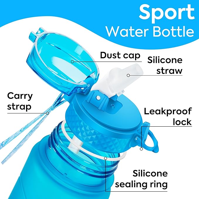 OLDLEY Kids Water Bottle with Straw 15 oz BPA-Free Leak-Proof Motivational Water Bottles with Time Marker for School Sports Travel Gym, Easy to Use for Girls Goys, 1 Straw Lid, Lake