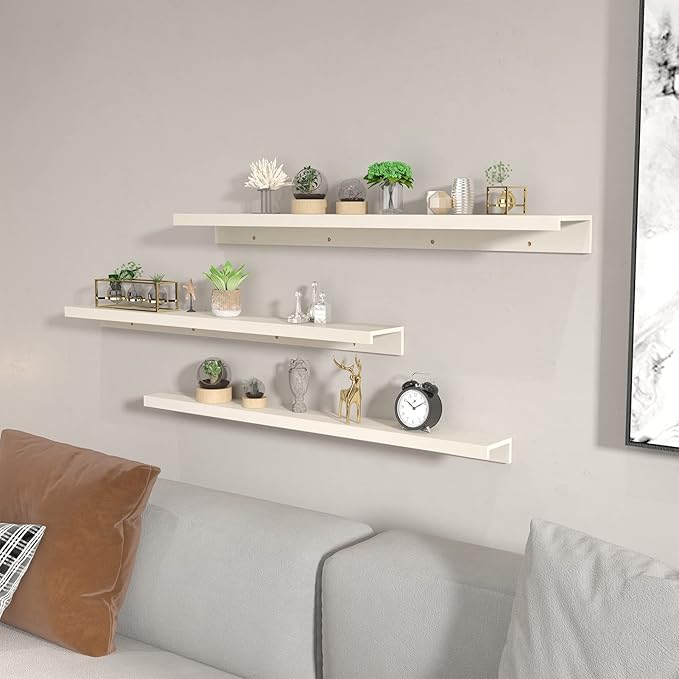Giftgarden 16 Inch Floating Shelves Wall Mounted, Creamy White Beige Wood-Grain Wooden Ledge Shelf for Bathroom Bedroom Living Room Kitchen Nursery, Set of 3 Different Sizes
