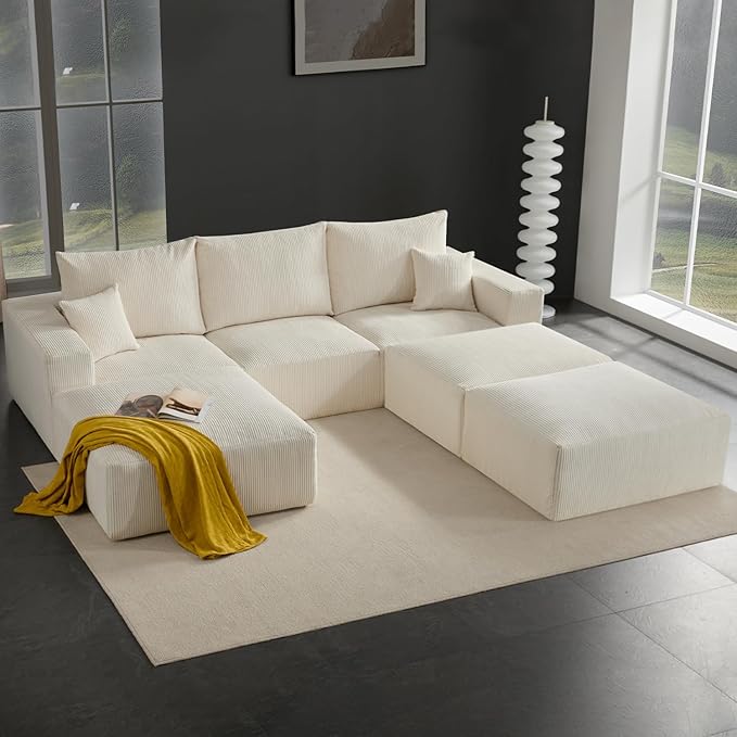 Boneless Sectional Cloud Couch Sofa Bed for Living Room, 112" Modular Modern Lounge 3 Seater Sleeper Beige Couches with Chaise, No Assemble, Cordury Compression Upholstered Sofas