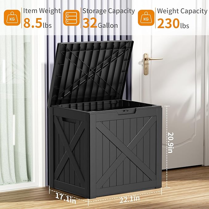 32 Gallon Outdoor Deck Box,Storage Lockable Waterproof Patio Furniture,Garden Tools,Cushions,Pool Accessories Outside Storage Resin Box(Blackn)