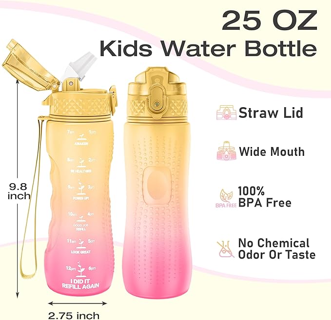 OLDLEY Kids Water Bottle for School, 25 oz (Straw Lid) BPA-Free Reusable Leak-proof Durable Tritan Plastic Water Bottles with One-handed Opening Straw Lids, Anti-dust Spout Cover (Nectarine)