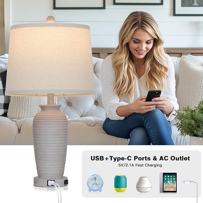 25“ Traditional Table Lamps Set of 2, Bedside Touch Lamp with USB C+A Charging Ports, Rustic Farmhouse Jar Table Lamps for Living Room Bedroom, Side Table Lamp with Beige Fabric Shade, Antique Grey