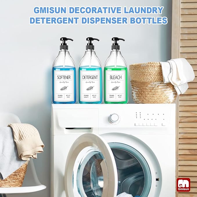GMISUN Laundry Detergent Soap Dispenser, Liquid Laundry Detergent Dispenser, Container for Farmhouse Laundry Room Decor, Organizer for Liquid DetergentSoftenerBleach Storage Bottle(67 Oz Set of 3)