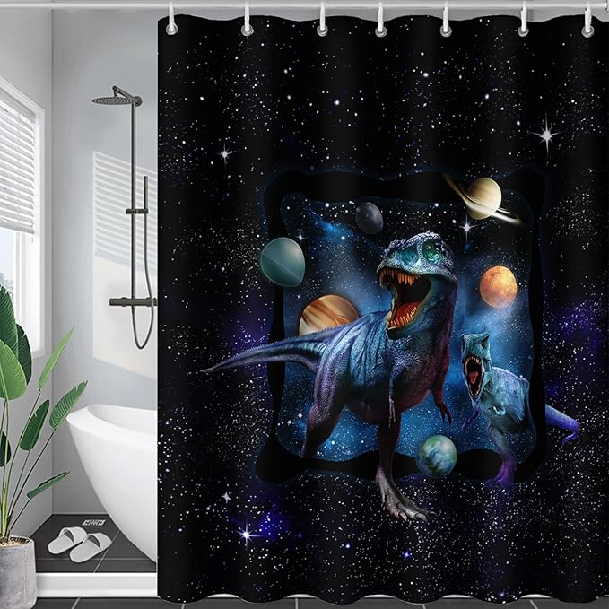 AILONEN Boys Dinosaur Shower Curtain 72" W*84" H for Bathroom,Blue Galaxy Starry Dinosaur Bathroom Shower for Boys Teen,Cartoon Dinosaur Bath Curtain Polyester Waterproof Shower Curtain with 12 Hooks
