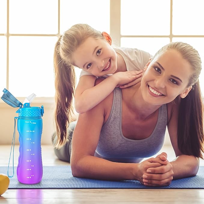 OLDLEY Kids Water Bottle for School, 25 oz (Straw Lid) BPA-Free Reusable Leak-proof Durable Tritan Plastic Water Bottles with One-handed Opening Straw Lids, Anti-dust Spout Cover (Lake)