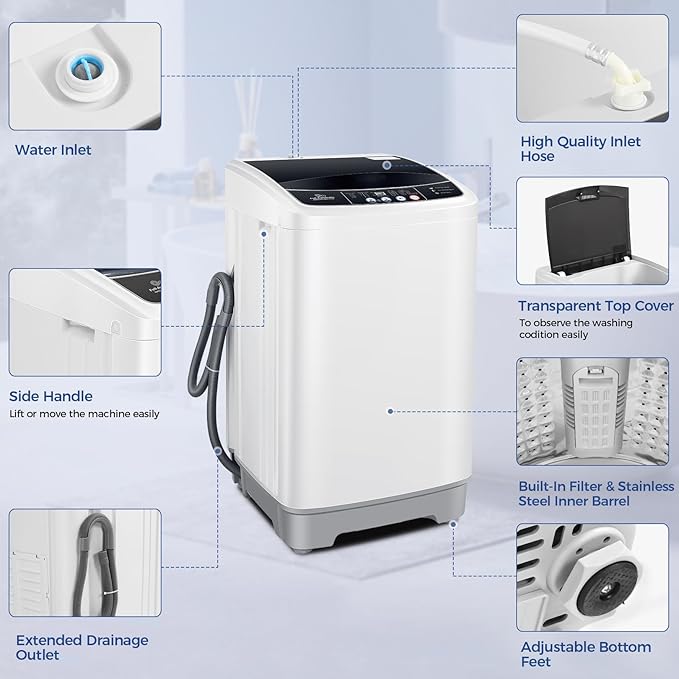 17.8Lbs Portable Washing Machine Nictemaw Portable Washer, 2.3 Cu.ft Washer and Dryer Combo with Drain Pump, 10 Programs 8 Water Level Compact Laundry Washer for Home, Apartment, RV, Dorms