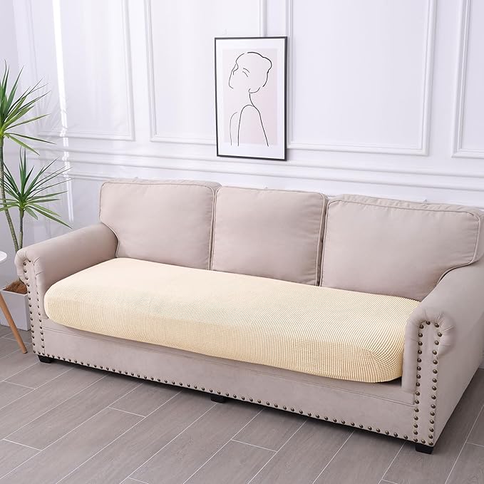 hyha Waterproof Couch Cushion Covers for Pets, Non Slip Sofa Seat Cover for Dogs Washable, Soft Thick Stretch Jacquard Fabric, Sofa Slipcovers with Elastic Bottom (1 Piece for Large, Beige)