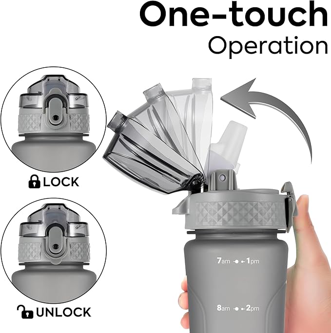 OLDLEY Kids Water Bottle with Straw 15 oz BPA-Free Leak-Proof Motivational Water Bottles with Time Marker for School Sports Travel Gym, Easy to Use for Girls Goys, 1 Straw Lid, Grey