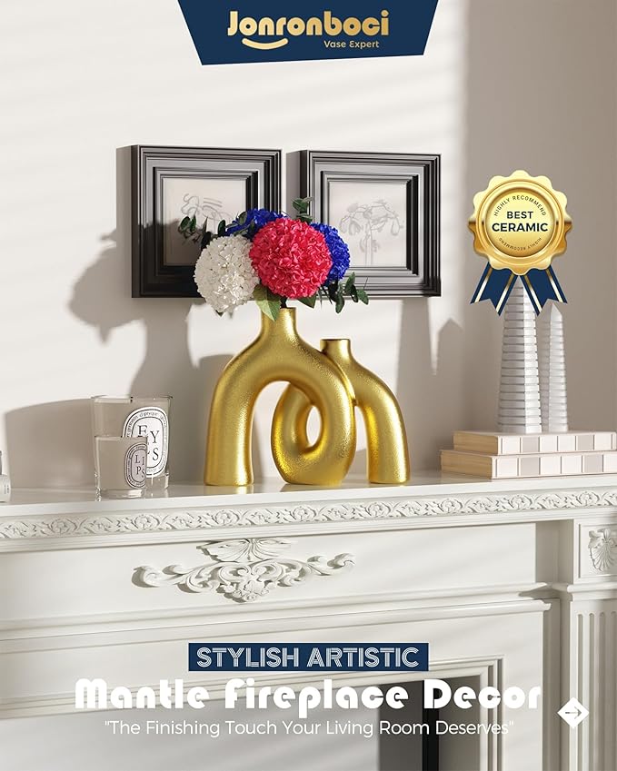Hug Donut Decorative Vase Set - Golden Modern Classic Transitional Style Vases Home Decor, Matte Ceramic Decorations for Living Room Shelf, Bookshelf Mantle Entryway Table or Console Décor (Gold)